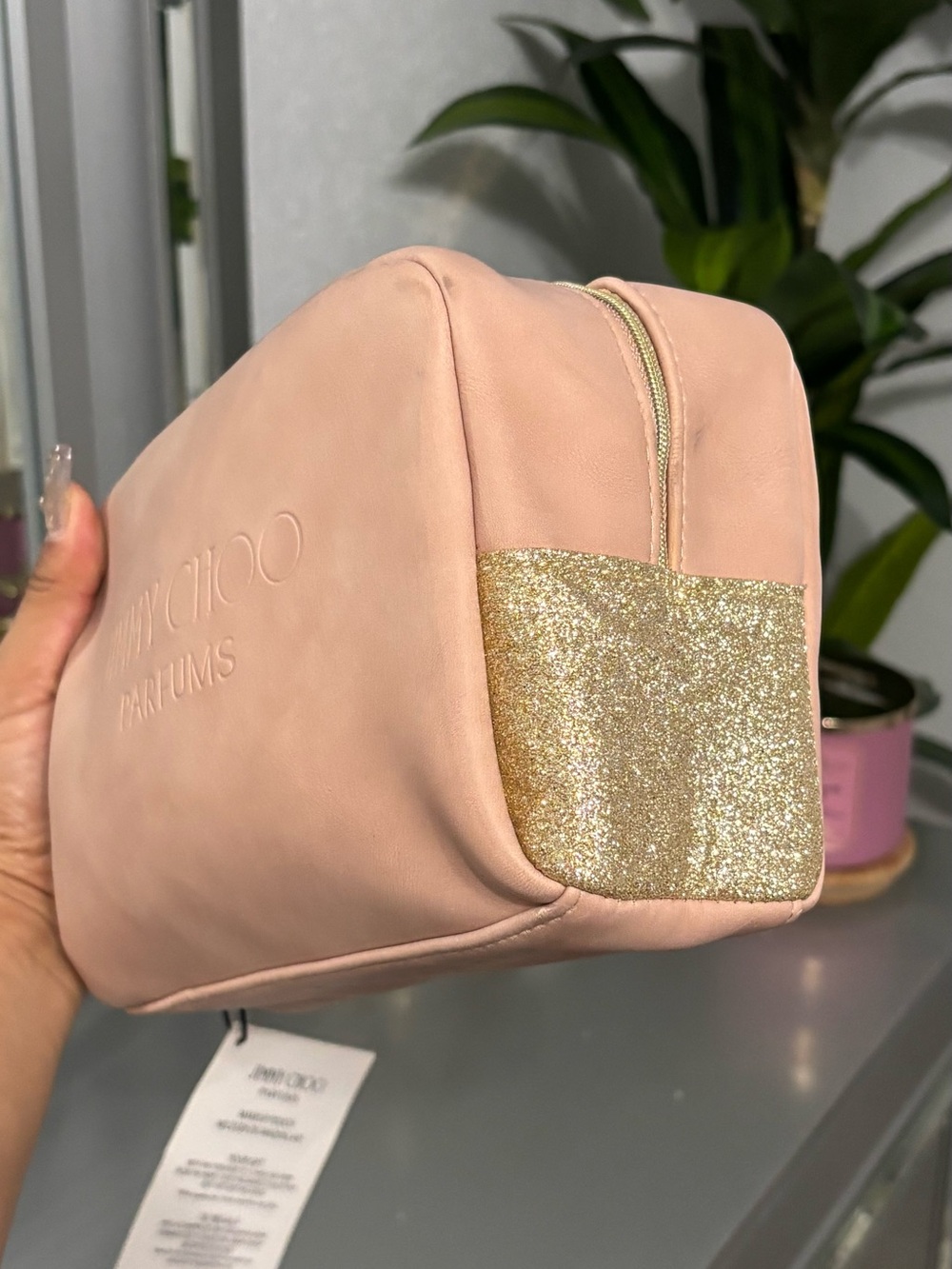 Jimmy Choo Blush Pink Cosmetic Pouch with Gold Glitter Trim